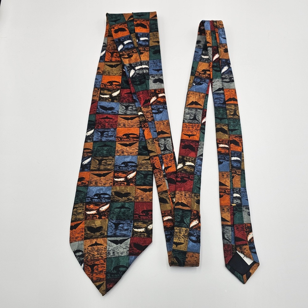 Vintage Endangered Species Whales Tail 100% Silk Tie Made USA Multi Color 3.75"